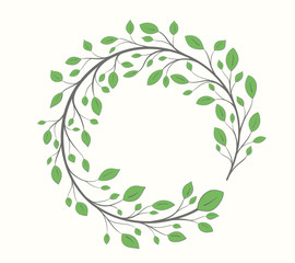 Frame of a branch with green leaves in the form of a circle isolated on a light background