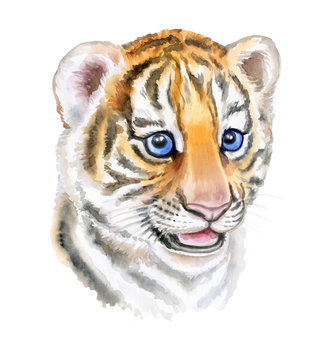 Little tiger cub portrite with blue eyes. Muzzle. Portrait of a child, a baby isolated on a white background. Watercolor. Illustration. Template. Hand drawing. For nursery posters