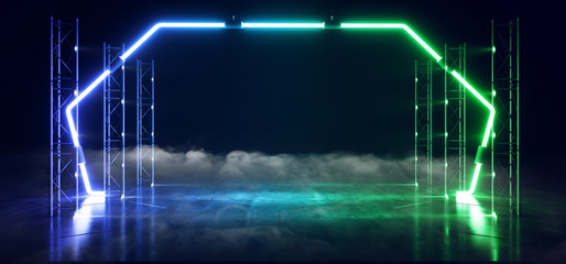 Smoke Neon Laser Gate Cyber Futuristic Sci Fi Green Blue Pantone Glowing Lights Lines Construction Stage Tunnel Corridor Virtual Reality Club Dance 3D Rendering
