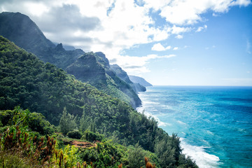 Rainforest mountain view of beautiful blue Pacific ocean with mist