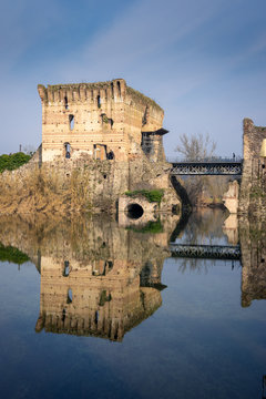 Borghetto sul Mincio, Verona, Italy. Visconti bridge of Valeggio sul Mincio is a dam bridge built in the 14th century in order to guarantee the impenetrability of the borders of the Duchy 