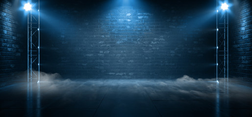 Smoke Fog Neon Spotlights Show Dance Club Blue Pantone Classic Retro Podium Stage Concrete Floor Brick Walls Underground Garage 3D Rendering