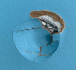 An indent or hole in a wall caused by a door knob from opening up a door too hard. Home repair,...
