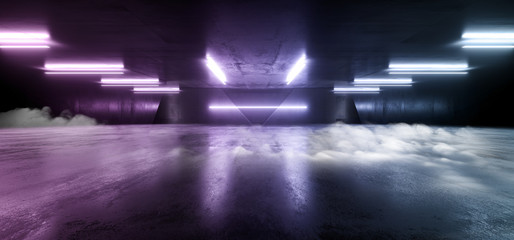 Smoke Sci Fi Futuristic Arc Gate Neon Laser Blue Purple Pantone Modern Alien Fashion Dance Club Showroom Garage Tunnel Corridor Concrete Cyber Underground 3D Rendering