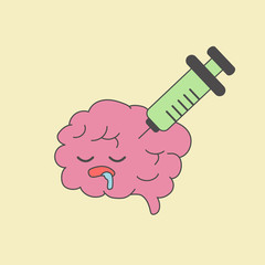 brain and syringe. illustration of drug treatment for headache and disease