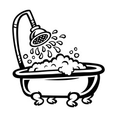 Old-fashioned vintage clawfoot bathtub with showerhead and bubbles -- in fun cartoon illustration style