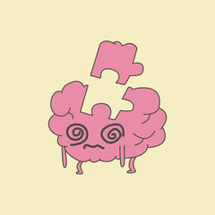 brain in the form of a puzzle. one piece of the puzzle broke off. illustration of confusion and memory loss