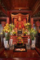 Interior altar of the Temple of Literature in Hanoi, Vietnam, featuring Chinese philosopher...