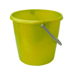 New, classic, plastic bucket. Yellow bucket isolated on a white background.