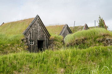 Obraz premium Iceland, 2008, June, Very old traditional Icelandic buildings with grass on the roof