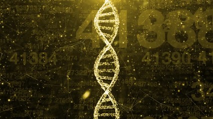 Golden dna chain rotation on shiny background with random numbers. 