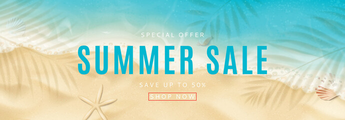 Summer sale horizontal banner. Top view on sea beach with soft waves. Vector illustration with plant's shadows. Beautiful background with seashells on sea sand. Seasonal discount offer.