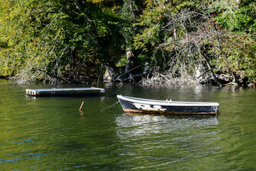 boat and platform on the lake at summer - 323786455
