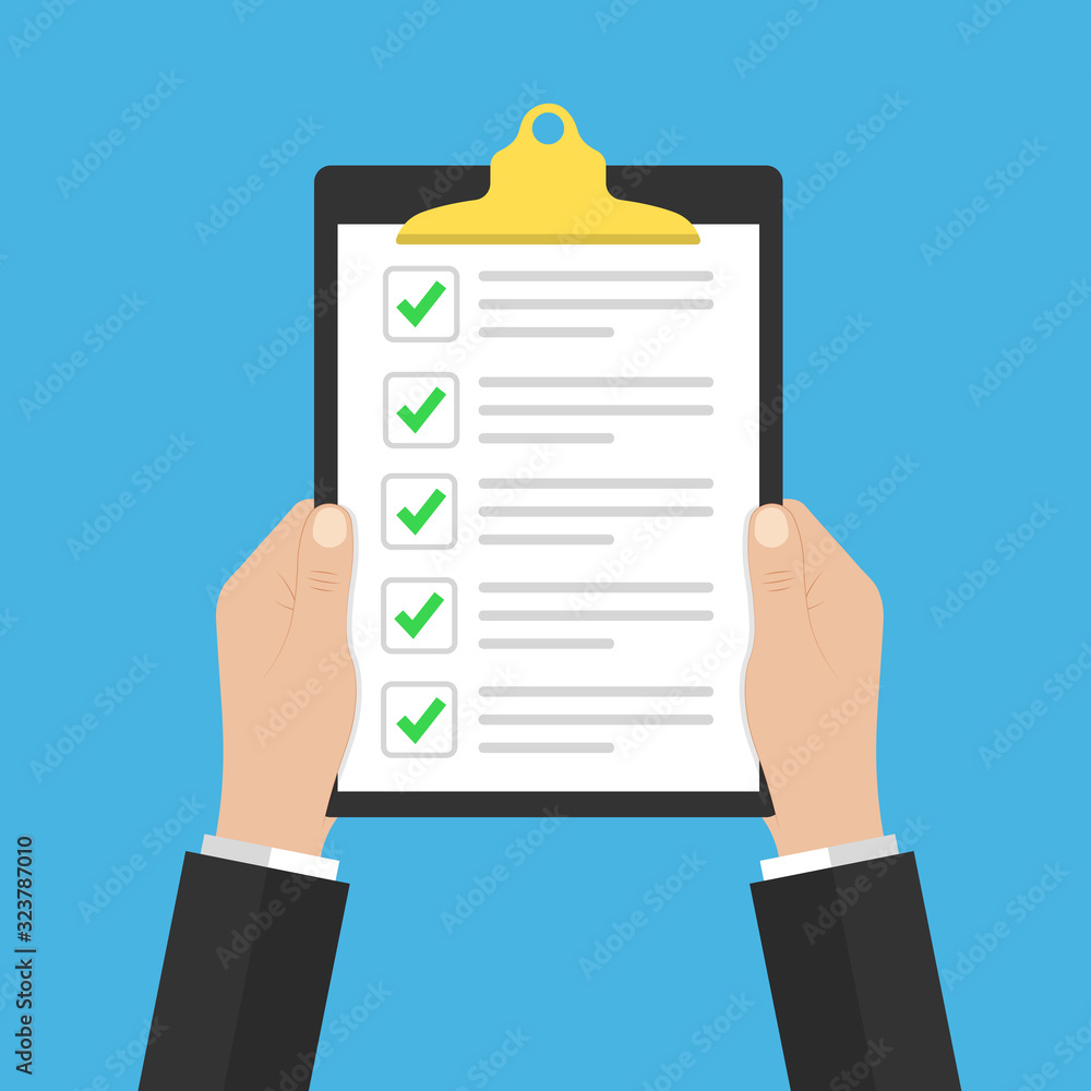 Poster in hand checklist or document with green checkmarks. application form, completed tasks, to-do list, 
