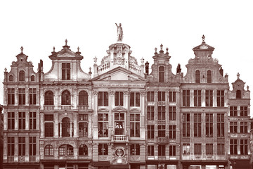 Fototapeta na wymiar Brussels Grand Place. North-east part. Sunset evening view of row of old beautiful stone buildings between Rue de la Colline Bergstraat and Rue des Harengs Haringstraat in black and white chocolate