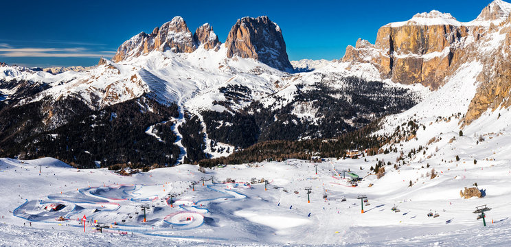 Dolomity superski mountain resort with torri del sella, piz boe and sella ronda, Canazei, Italy, Europe
