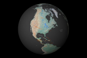 globe with cartographic grid and terrain relief on black background