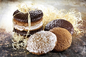 Original Nuremberg Lebkuchen (gingerbread) on a vintage baking plate. Nuremberg is a city in...