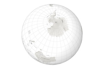 globe with cartographic grid and terrain relief on white background