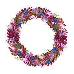 Seamless tropical flower wreath. Botanical hand-drawn watercolor illustration. Design for packaging, weddings, fabrics, textiles, Wallpaper, website, postcards.