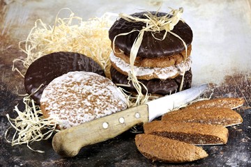Original Nuremberg Lebkuchen (gingerbread) on a vintage baking plate. Nuremberg is a city in...
