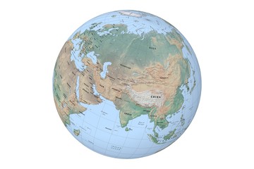globe with cartographic grid and terrain relief on white background