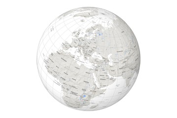 globe with cartographic grid and terrain relief on white background - obrazy, fototapety, plakaty