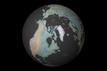 globe with cartographic grid and terrain relief on black background