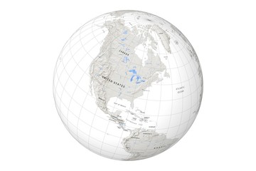 globe with cartographic grid and terrain relief on white background