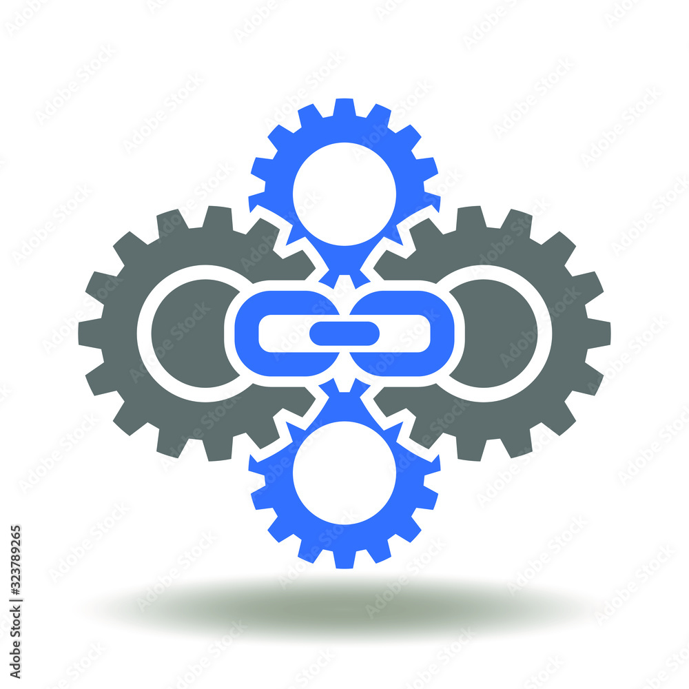 Poster blockchain technology logo. cog wheel mechanism chain icon vector. block chain internet finance comp