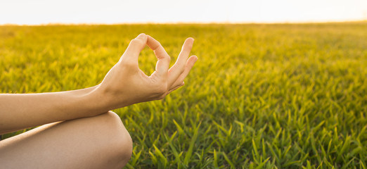 Closeup of woman's hand meditating in glass field. 