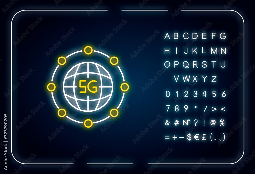 Poster 5g global standard neon light icon. world coverage. wireless technology. mobile cellular network. ou