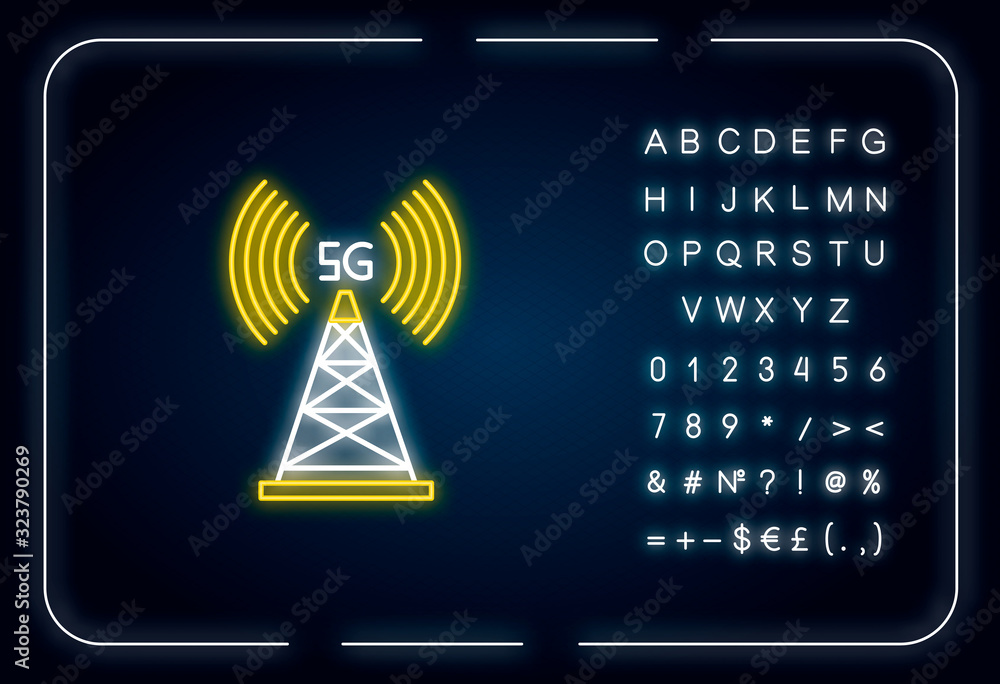 Poster 5g cell tower neon light icon. wireless technology. fast connection. cellular network coverage. oute