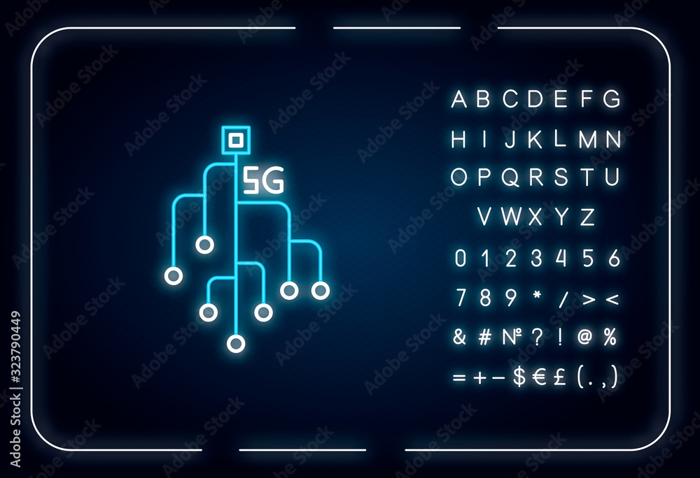Poster 5g chip neon light icon. microchip, microcircuit. mobile cellular network. wireless technology. oute