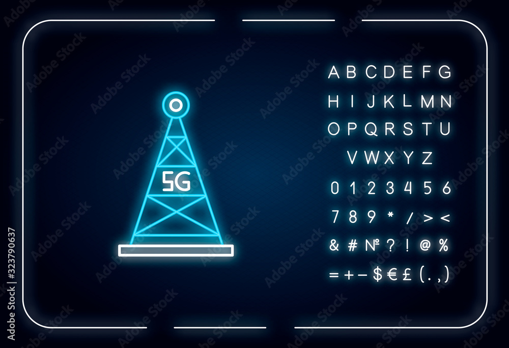 Poster 5g cell tower neon light icon. antenna signal. fast connection. cellular network coverage. outer glo