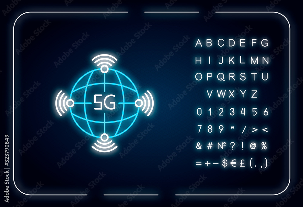 Poster 5g worldwide availability neon light icon. global deployment. mobile cellular network coverage. oute