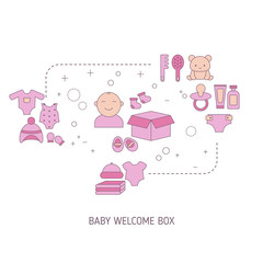 Baby welcome box concept with baby care icons.