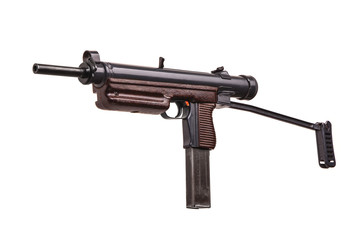 Vintage submachine gun isolate on white background. Weapons for the army and special forces of the...