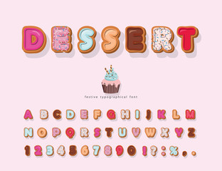 Sweet cartoon font. Decorative colorful letters and numbers. Cute alphabet for girls. Vector