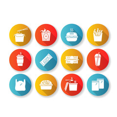 Takeaway food packages flat design long shadow glyph icons set. Take out meal containers, boxes for delivery. Noodles, bucket of chicken wings, french fries. Silhouette RGB color illustrations