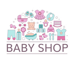 Concept of Baby shop with baby item icons.