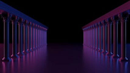 Dark space with passage of columns.