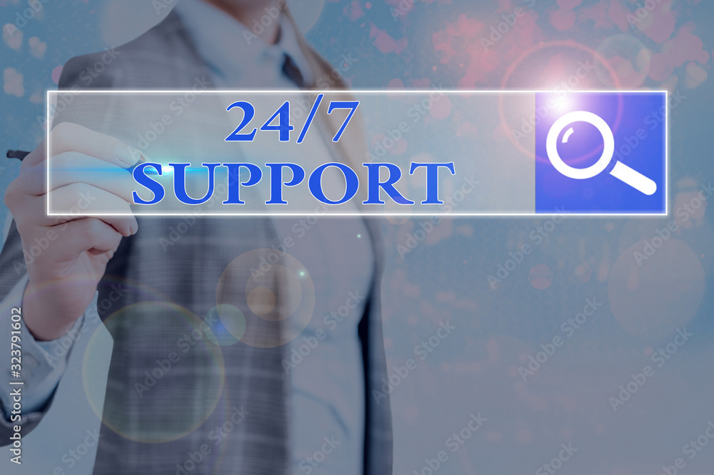 Poster writing note showing 24 or 7 support. business concept for twentyfour hours seven days a week suppor