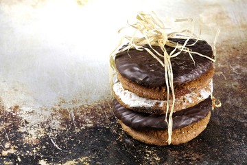 Original Nuremberg Lebkuchen (gingerbread) on a vintage baking plate. Nuremberg is a city in...