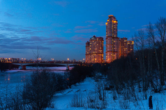 View on Group of residential building  "Alue Parusa   and Strogino bridge, Moscow, Russia