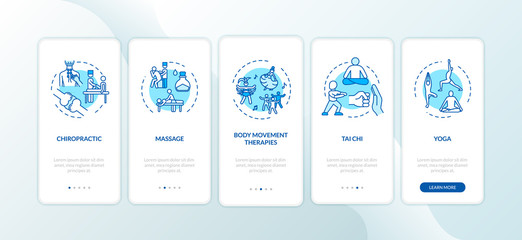 Sensory medicine onboarding mobile app page screen with concepts. Body movement therapies walkthrough five steps graphic instructions. UI vector template with RGB color illustrations