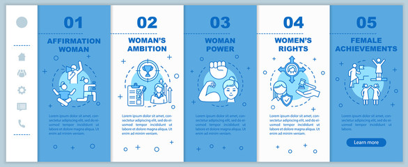 Women empowerment onboarding vector template. Girl career anf social life achievement. Female rights. Responsive mobile website with icons. Webpage walkthrough step screens. RGB color concept