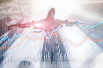 Airplane. Business Financial Trading Investment concept graph virtual screen double exposure.