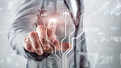 Business applications icons on blurred background. Financial and trading. Internet technology concept.