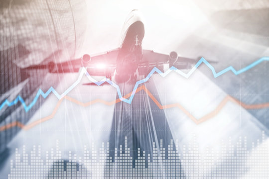 Airplane. Business Financial Trading Investment concept graph virtual screen double exposure.